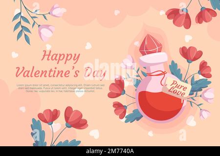 St. Hintergrunddesign am Valentinstag mit Love-Trank-Flasche, Illustration mit roten und pinkfarbenen Blumen dahinter auf beigefarbenem Hintergrund. Grußkarte, dekorative Herzen und Wolken auf der Rückseite Stock Vektor