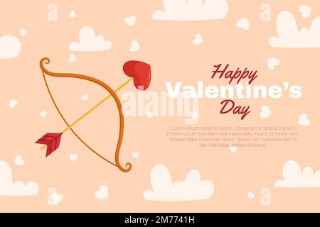 St. Hintergrunddesign zum Valentinstag mit Schleife und Pfeil mit herzförmiger Pfeilspitze, Wolken und Herz auf beigefarbenem Rücken. Grußkarte Stock Vektor