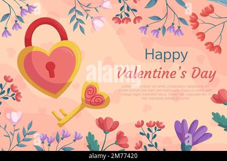 St. Hintergrunddesign zum Valentinstag mit Schloss und Schlüssel in Herzform, Gold- und rosafarben mit Blumenrahmen. Grußkarte, dekorative Herzen auf der Rückseite Stock Vektor