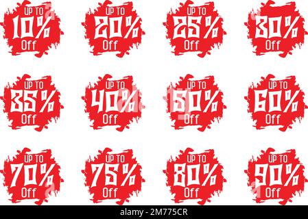 Sale Discount Tags Vector Badges Set Template, 10 Rabatt, 20 %, 90, 80, 30, 40, 50, 60, 70, 75, 25, 35, Prozentangabe Der Etikettensymbole Mit Pinselstrich Auf Der Rückseite Stock Vektor