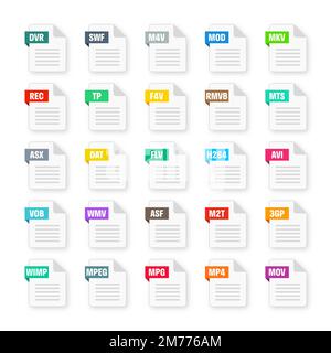 Gängige Systemdateiformate. Dokumenttypen und Erweiterungen. Flache Ikonen-Kollektion. Dokument-Piktogramm, Web-Design-UI-Element, Vorlage. Computer Stock Vektor