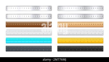 Realistische verschiedene Metall- und Kunststofflineale mit Messskala und -Teilung, Messmarken. Schule Lineal, Zentimeter-und Zoll-Skala für die Länge Stock Vektor