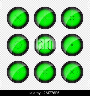 Verschiedene Waffen Nachtsicht, Scharfschützengewehr optische Scopes. Jagdgewehr-Sucher mit Fadenkreuz. Ziel, schießen Marke Symbol. Militärisches Zielschild Stock Vektor