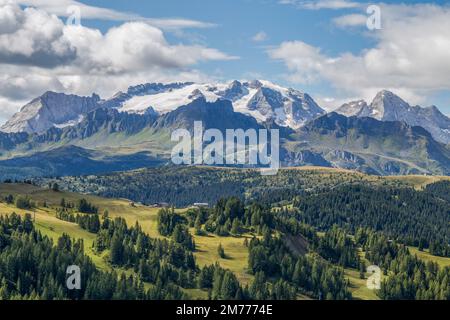 Blick auf den Berg Marmolada im Hintergrund, die Königin der Dolomiten alpen vom Weg zur Hütte Pralongià, Italien. Stockfoto