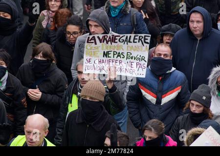 Paris, Frankreich. 7. Januar 2023. Demonstration für Sozial-, Steuer- und Klimagerechtigkeit, für das RIC. Gegen die 49,3, gegen die Inflation in Paris, Frankreich. Stockfoto