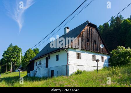 Hruby Jesenik (Altvatergebirge, hohe Asche): Typisches mährisches Holzhaus in, Moravskoslezsky, Mährisch-Schlesisch Stockfoto