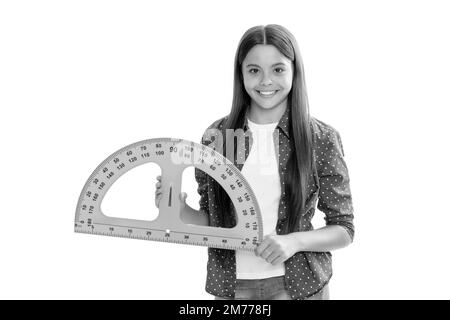 Happy Kid halten protractor Studie Geometrie in der Schule isoliert auf weiß, Schule Stockfoto