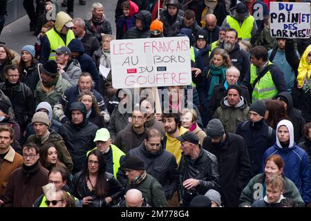 Paris, Frankreich. 7. Januar 2023. Demonstration für Sozial-, Steuer- und Klimagerechtigkeit, für das RIC. Gegen die 49,3, gegen die Inflation in Paris, Frankreich. Stockfoto