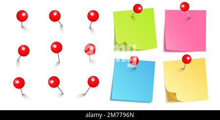 Realistische leere Haftnotizen isoliert auf weißem Hintergrund. Bunte Notizblätter mit roten runden Stecknadeln. Papiererinnerung und Kunststoffstecknadel Stock Vektor