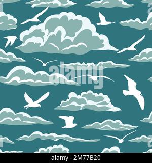Nahtloses Muster mit Wolken und Vögeln. Handgezeichnete Vintage-Illustration mit Möwen am Himmel. Sommerferien. Vektordarstellung Stock Vektor