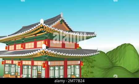 Hanok-Gebäude isoliertes Vektorbildungs-Set. Traditionelle koreanische House Design Element Kollektion. Antike, klassische asiatische Stadt im Cartoon-Stil. Stock Vektor