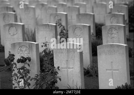 Yper, Belgien - 7. August 2021. Detail der Kriegsdenkmäler auf dem Tyne Cot Friedhof. Tyne Cot ist der größte britische Friedhof aus dem ersten Weltkrieg. Stockfoto