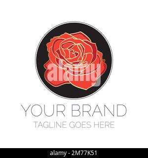 Elegantes Markenlogo Mit Rosenblume. Rundes schwarzes, goldenes und rotes Logo für Unternehmen Stock Vektor