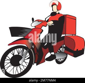 Abbildung eines Lieferers, der einen grünen Roller fährt, Vektor, Lebensmittellieferant Stock Vektor
