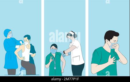 Corona-Impfstoff. Frau mit Maske zur Impfung gegen COVID-19 im Krankenhaus. Arzt impfend Coronavirus-Patient. Vektordarstellung. Stock Vektor