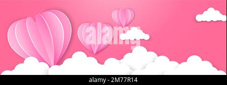Happy Valentines Day Typografie Vektordesign mit Papierballons am Himmel rot rosa Herzform Schnitt weiße Wolken Vektorbild der Liebe Stock Vektor