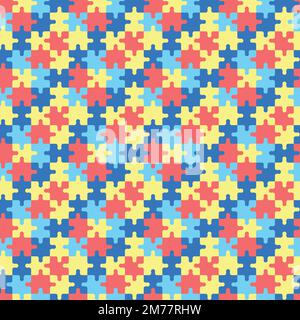 Farbenfrohes Autismus-Muster mit Puzzleteilen. Nahtloser Hintergrund mit gelben, blauen und roten Rätseln. Welttag Des Autismus Am 2. April. Vektor illustr Stock Vektor