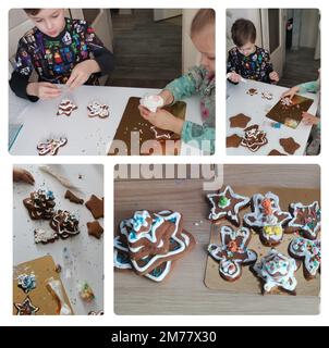 Bruder und Schwester machen Weihnachtskuchen mit Glasur. DIY Steps College Kids kochen Lebkuchen Kekse dekoriert mit weißer Zuckerguss. Familie Stockfoto