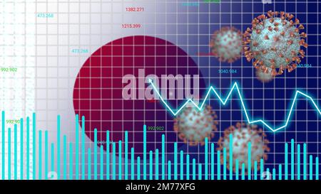 Covid-Fälle, Todesfälle und inflationsbezogene Vorhersage Hintergrund mit Grafik und halber japanischer Flagge. Stockfoto