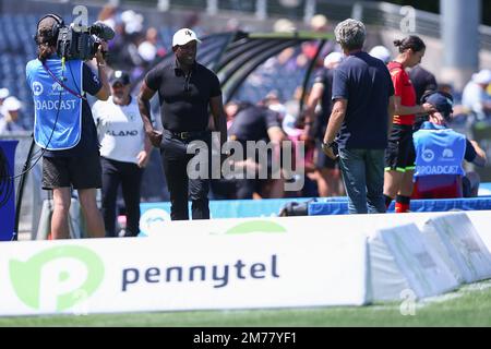 8. Januar 2023; Campbelltown Stadium, Sydney, NSW, Australien: A-League Fußball, MacArthur FC gegen Newcastle Jets; MacArthur FC Manager Dwight Yorke zu Beginn des Spiels Stockfoto