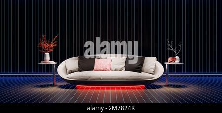 Moderner dunkler Raum mit leuchtenden Neonlichtern und modernem Sofa. Futuristisches und stilvolles Innendesign 3D-Rendering