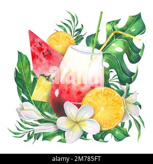 Ein Strandcocktail mit tropischen Früchten, Blumen und Blättern. Leuchtende und saftige Aquarelle. Komposition aus DER STRANDBAR-Kollektion. Für Stockfoto
