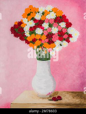 Blumige Stille mit einem Strauß bunter Blumen auf pinkfarbenem Hintergrund, Ölgemälde. Stockfoto