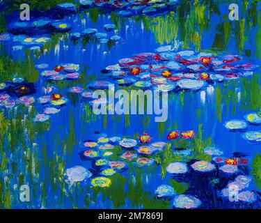 Wasserlilien-Teich. Ölgemälde auf Leinwand. Stockfoto