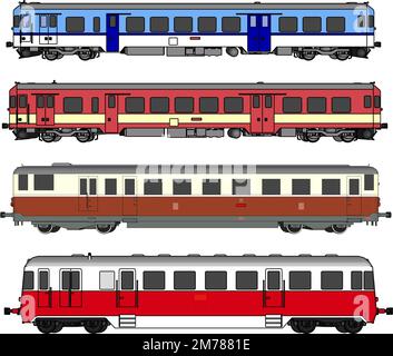 Vektor-Illustration: Set-Prozession Antiker Zug umfasst alte Dampflokomotive und Kompartiment Eisenbahnschienen isoliert auf weißem Hintergrund. Stock Vektor