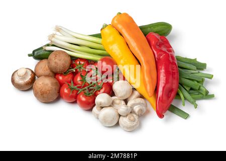 Haufen frischer roher Variationen von Gemüse, isoliert auf weißem Hintergrund Stockfoto