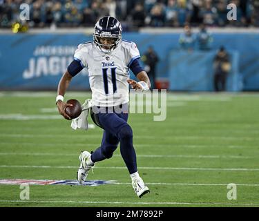 January 7, 2023: Tennessee Titans quarterback Joshua Dobbs (11) is sacked  by Jacksonville Jaguars defensive end Roy Robertson-Harris (95) during a  game in Jacksonville, FL. Romeo T Guzman/CSM/Sipa USA.(Credit Image: © Romeo