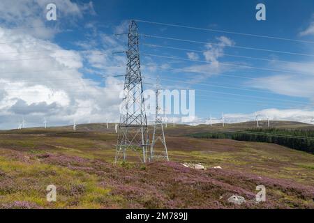 Stromleitungen marschieren über ein schottisches Moor, mit Windturbinen dahinter. Highlands, Schottland, Großbritannien. Stockfoto