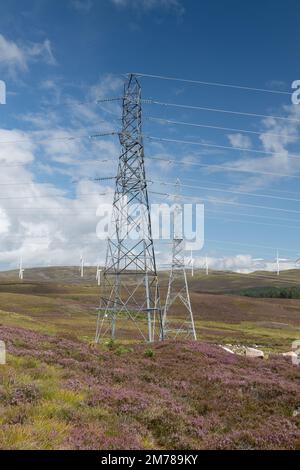 Stromleitungen marschieren über ein schottisches Moor, mit Windturbinen dahinter. Highlands, Schottland, Großbritannien. Stockfoto