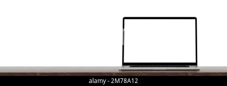 Laptop-Modell mit leerem Bildschirm auf Holztisch. Laptop mit Vorderansicht auf Arbeitstisch, weißer Hintergrund. 3D Abbildung Stockfoto