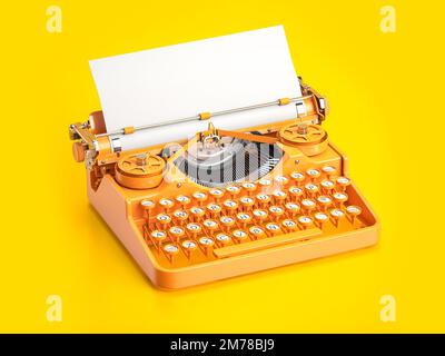 Klassische gelbe Schreibmaschine auf blauem Hintergrund mit Platz für texto auf einem Blatt. 3D Abbildung Stockfoto