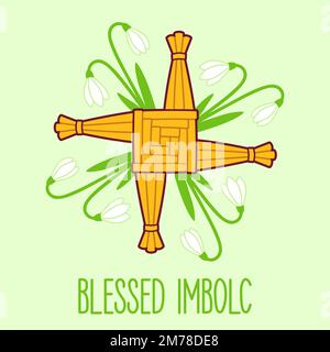 Gesegnete Imbolc-Grußkarte, heidnische Frühlingsferien. St. Brigids Kreuz mit Schneetropfen. Vektordarstellung. Stock Vektor