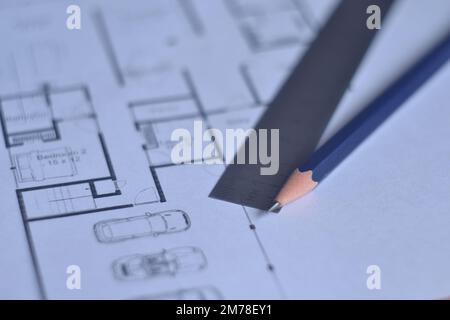 Heimdesigner. Möbelelemente. Grundriss in Draufsicht. Detaillierter Grundriss mit Innenausstattung. Grundriss oben. Stockfoto