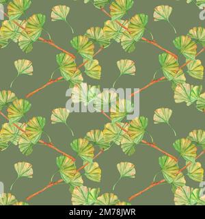 Ginkgo Biloba grüne und gelbe Blätter mit nahtlosem Muster, bedrucktes Blattwerk in der Botanik. Aquarelle. Hinterlässt Clip-Art. Stockfoto
