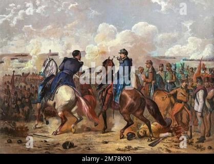 Campagne d'Italie: la bataille de Solferino (Lombardie), 24 Juin 1859: Napoleon III (Charles Louis Napoleon Bonaparte, 1808-1873) menant les Forces francaises et de sardes contre les Forces autrichiennes de l'Kaiser Francois Joseph de Habsbourg Lorraine (1830-1916). Stockfoto