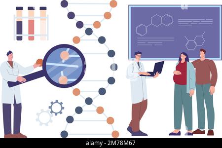 Gentest bei Schwangerschaftspaaren. Schwangere Frauen, Männer und Genetiker sehen DNA-Molekülstruktur. Baby-Mutter-Gesundheitsvektorkonzept Stock Vektor