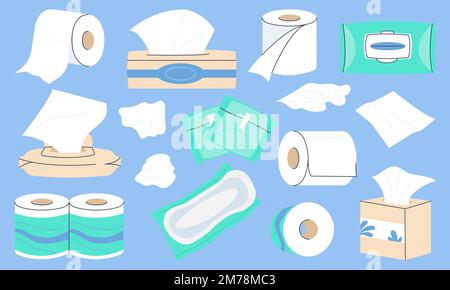 Taschentuch-Set. Toilettenpapierrollen, Papierhandtuchbox. Nasse und trockene Serviette oder schäbig. Gesichts- und Händehygieneelemente und Selbthygieneelemente. Guter Vektor Stock Vektor