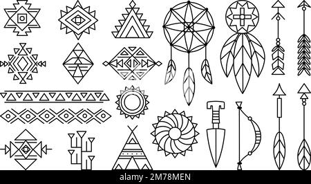 indianische Elemente, grafische stammessymbole der navajo-indianer. Traumfänger, Pfeile und Motive. Aztekenelemente, anständiges geometrisches Vektorset Stock Vektor