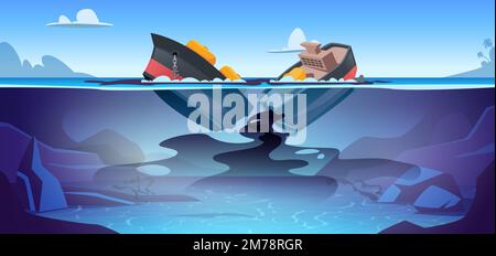 Unfall im Wasser. Zerbrochenes Seemannsschiff beschädigt und explosionsgefährdete Umwelt exakter Vektorfilm-Hintergrund Stock Vektor