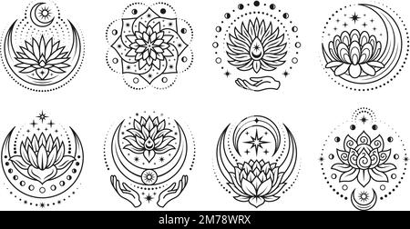 Mystische Lotuselemente. Tattoo-Schablone mit Spirituosenblumen. Symbole im Boho-Stil, indisches Henna-Yoga-Design. Himmlische magische, aufgeräumte Vektorgrafik Stock Vektor