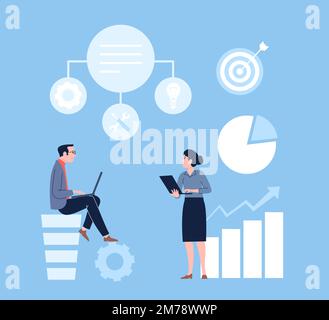 Datenanalysemanager, die mit Laptops arbeiten, und Informationsgrafiken. Mitarbeiter in den Bereichen Finanzbuchhaltung, Entwicklung und Service. Flache VEKTORZEICHEN Stock Vektor