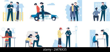Polizeibeamte bei der Arbeit. Polizist und Gefangener, Polizist hört Opfer oder Zeuge im Amt. Wächter und Verkehrspolizist, Gefängnissicherheitsgefängnis Stock Vektor