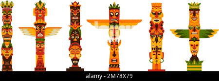 Hawaiianische traditionelle Masken-Totempfähle. Flache hölzerne einheimische Tiki-Totems. indianische Masken, afrikanische Stammesgesichter. Cartoon-Idole, klassisches Vektorset Stock Vektor