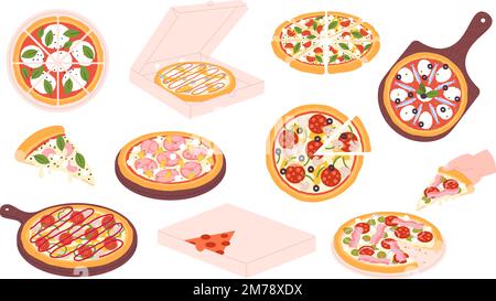 Isoliertes Pizzaset, margherita-Pizzastück mit Käse. Italienische Pizzeria-Elemente. Pizza zum Mitnehmen in einer Pappschachtel, Fast-Food-Vektor-Clipart Stock Vektor