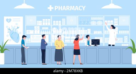 Apotheke, Einzelhandel in der Klinik. Drogerie-Kunden-Wartschlange, Mediziner oder Apotheker. Frau kauft Medikamente, Tabletten, kürzliche Vektorszene Stock Vektor
