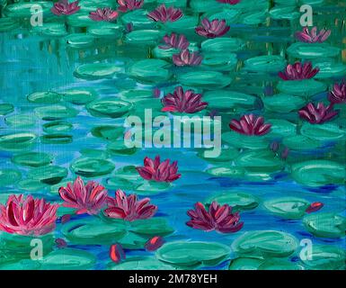 Rosa Wasserlilien, Ölgemälde. Stockfoto